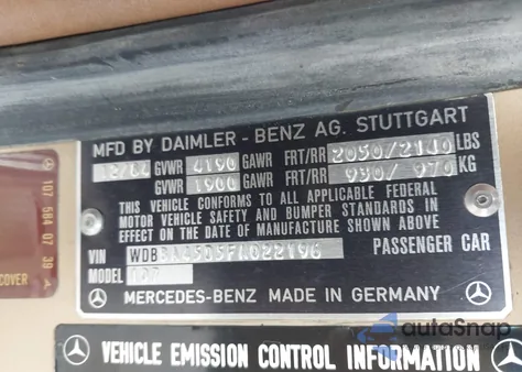 1985 Mercedes-Benz 380 Sl from USA, damaged, VIN WDBBA45D5FA022196